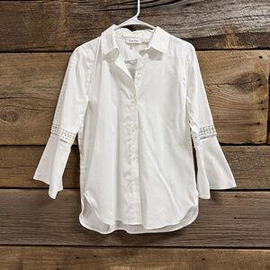 Calvin Klein button down shirt with eyelet trim on sleeve, White, Size XS